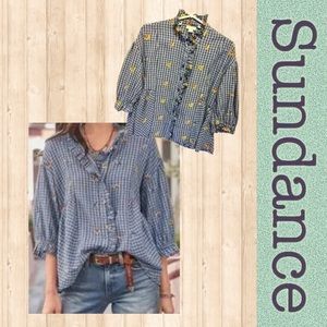 Sundance 100% cotton, Seaside Gardens  blue check floral ruffle blouse